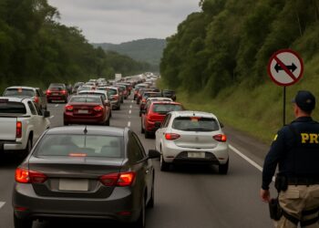 Agente da PRF em uniforme observa congestionamento de carros em rodovia cercada por árvores ao entardecer