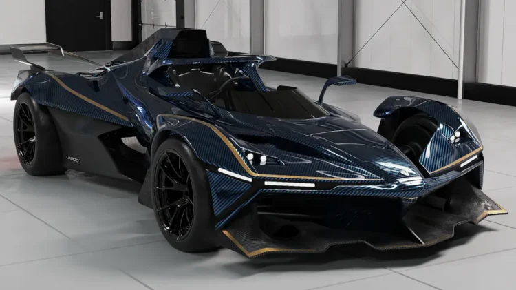 Super Veloce Unico em fibra de carbono azul com detalhes dourados, em ambiente interno de showroom.