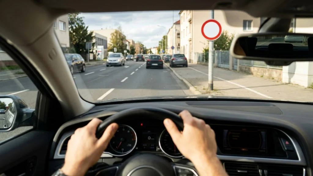 Mãos no volante vendo placa circular com borda vermelha e centro branco em rua europeia com carros estacionados