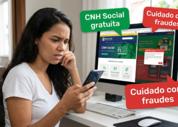Mulher morena preocupada segura celular enquanto tela exibe site do DetranAC com avisos sobre fraudes na CNH Social.