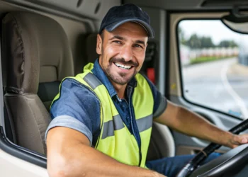 Motorista de caminhão sorri na cabine usando colete amarelo refletivo, boné azul e camisa jeans, com mãos no volante.
