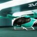 Carro voador eVTOL da Eve Air Mobility verde-água e preto em vertiporto moderno com logo EVE ao fundo.
