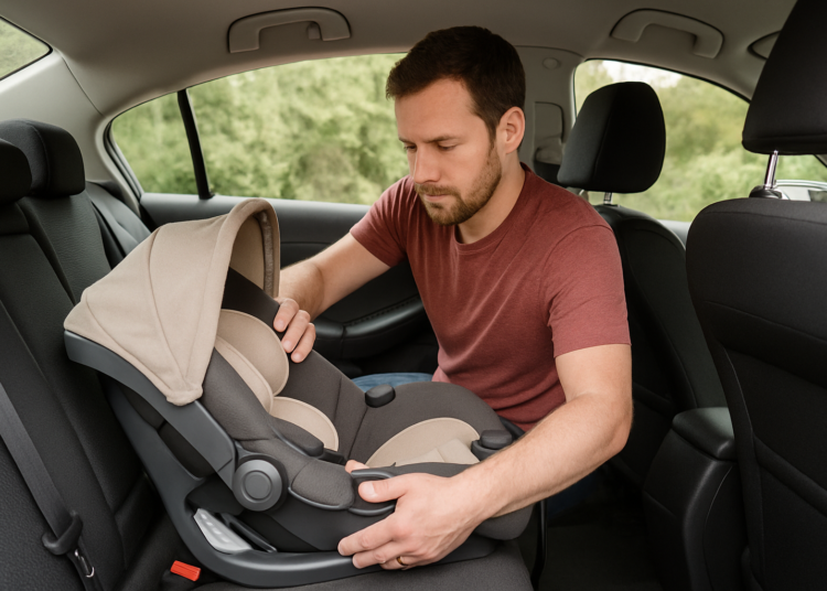 Homem instalando uma cadeirinha de bebê no banco traseiro do carro