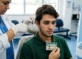 Profissional de saúde coleta amostra de cabelo de jovem segurando CNH em clínica para exame toxicológico