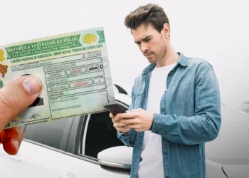 Homem de camisa jeans olha celular ao lado de carro enquanto mão exibe CNH brasileira categoria D