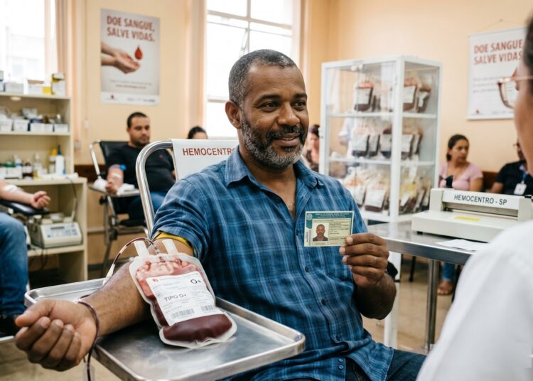 Homem negro de barba grisalha, camisa xadrez azul, doa sangue tipo O+ enquanto mostra CNH para profissional de saúde
