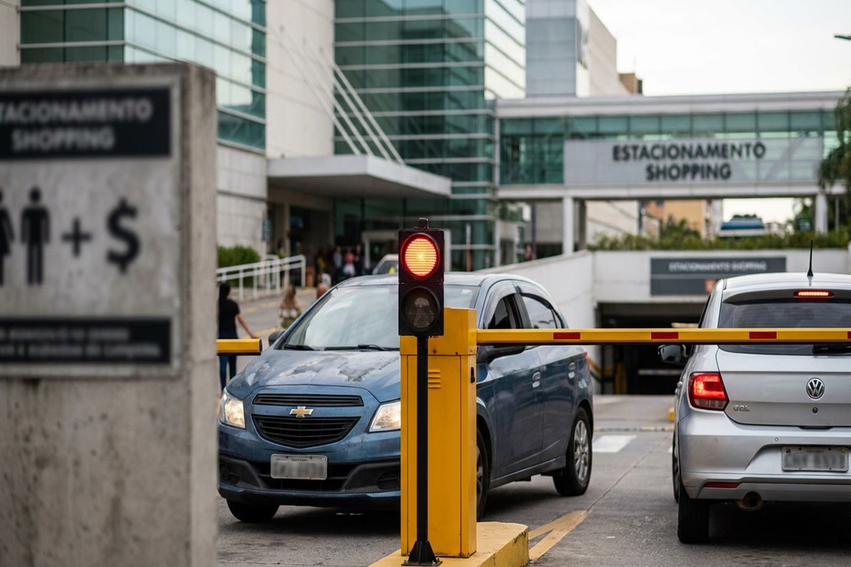 Veículo Chevrolet azul e Volkswagen prata parados frente à cancela amarela com semáforo vermelho em estacionamento de shopping