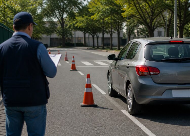 Examinador com boné e prancheta observa carro prata realizando manobra entre cones laranjas em pista de teste