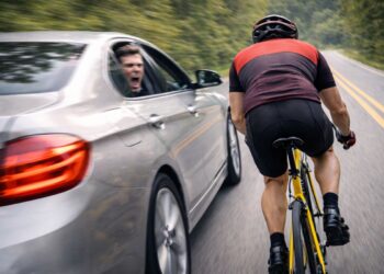 Motorista gritando pela janela de sedã prata ao ultrapassar ciclista em bicicleta amarela em estrada arborizada