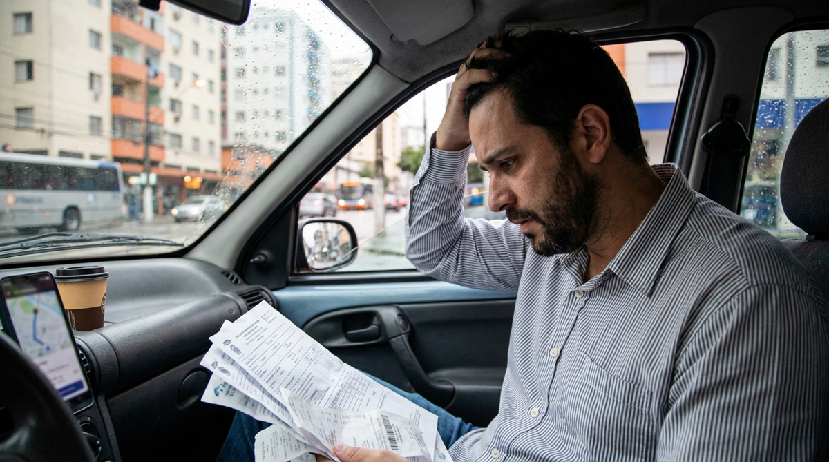 Homem de camisa listrada dentro de carro segura documentos e leva mão à cabeça em expressão de preocupação