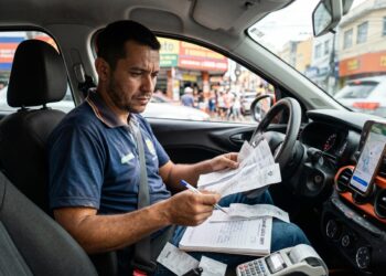Motorista de aplicativo com camisa polo azul analisa documentos do carnê-leão IRPF dentro do carro com celular no suporte