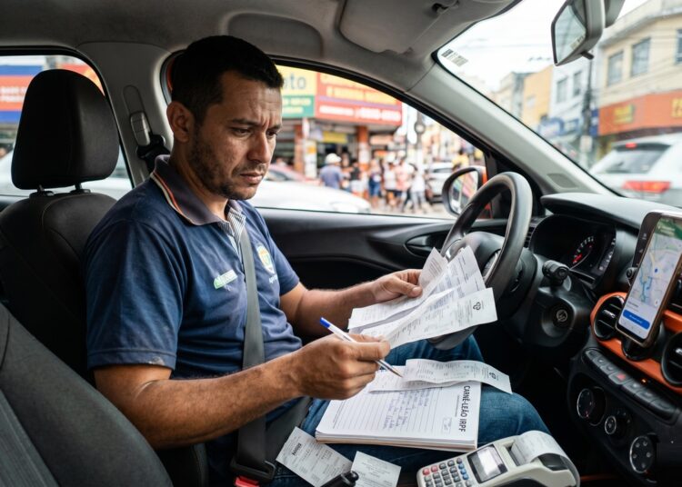 Motorista de aplicativo com camisa polo azul analisa documentos do carnê-leão IRPF dentro do carro com celular no suporte