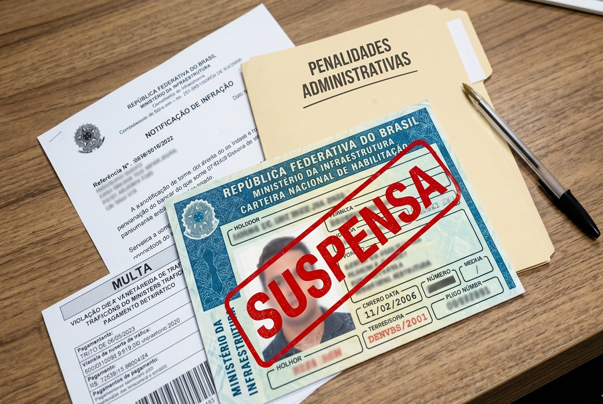 CNH brasileira com carimbo "SUSPENSA" sobre documentos de multa e pasta de penalidades administrativas em mesa de madeira