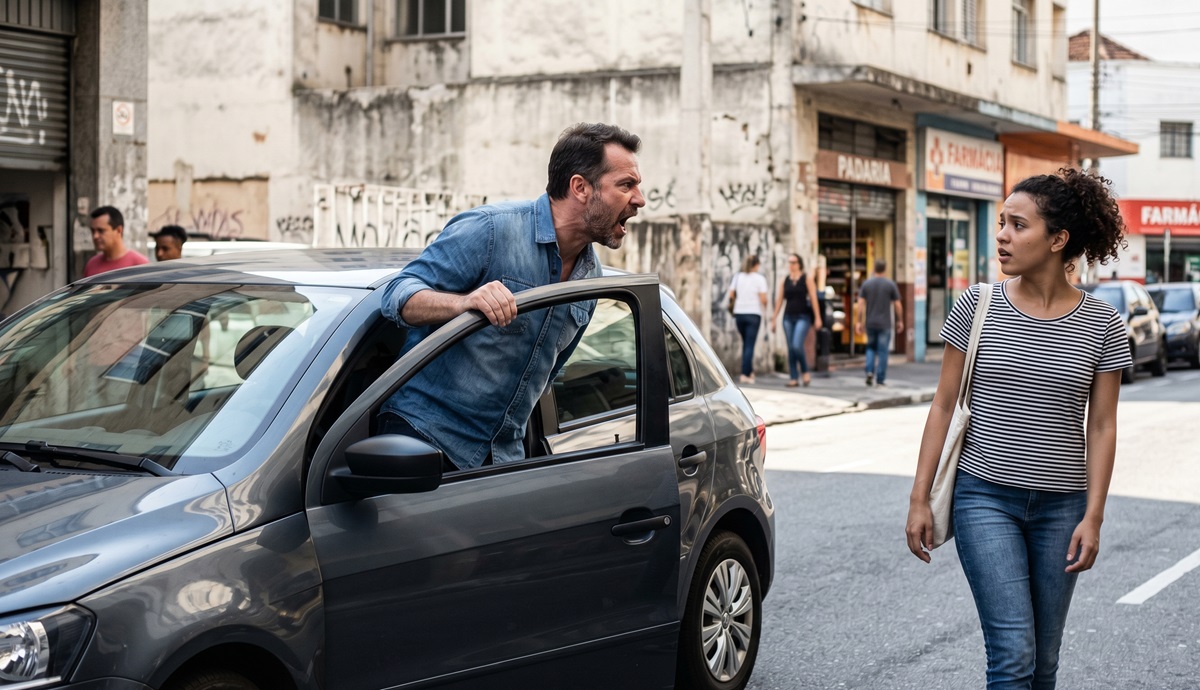 Homem de camisa jeans azul grita agressivamente de dentro de carro cinza em direção a jovem de camiseta listrada em rua de bairro comercial