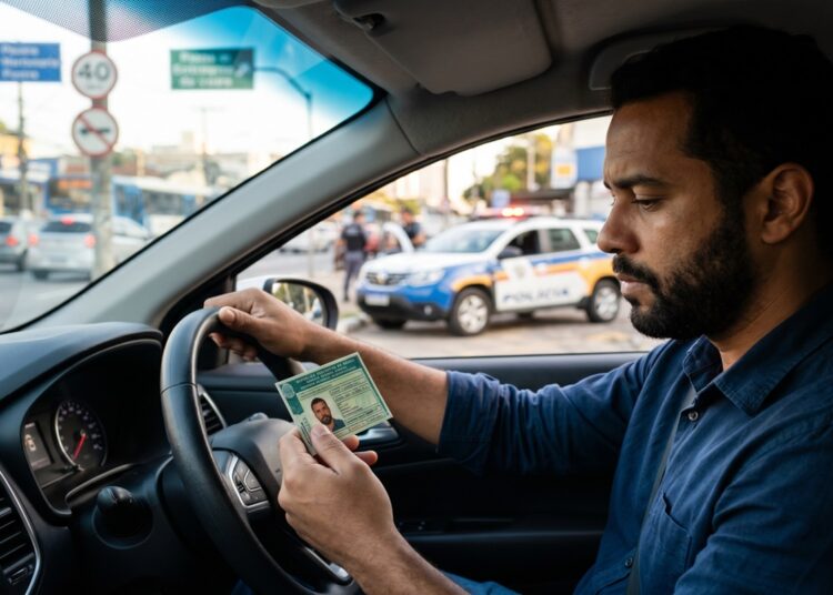 Homem de camisa azul ao volante segura CNH verde enquanto viatura policial aparece ao fundo