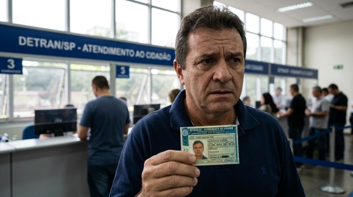 Homem de meia-idade segura CNH no balcão de atendimento do DETRAN-SP, com fila de pessoas ao fundo