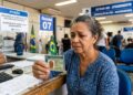Mulher idosa com cabelos grisalhos segura CNH no guichê 07 do DETRAN-MG; placa avisa fim da renovação automática