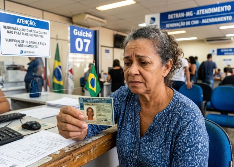 Mulher idosa com cabelos grisalhos segura CNH no guichê 07 do DETRAN-MG; placa avisa fim da renovação automática