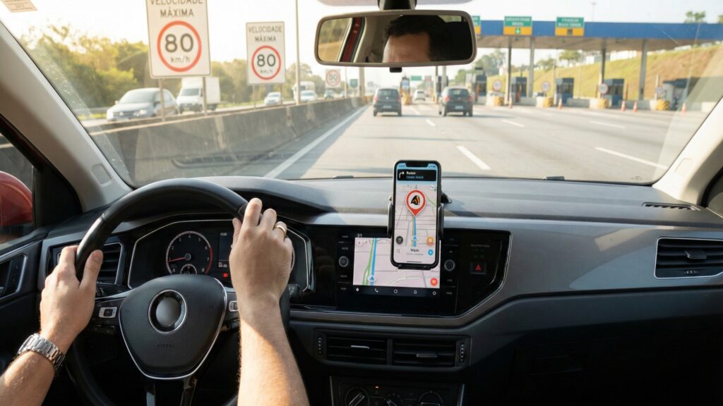 Interior de carro Volkswagen com motorista usando Waze no suporte, placa de velocidade 80 km/h e rodovia ao fundo