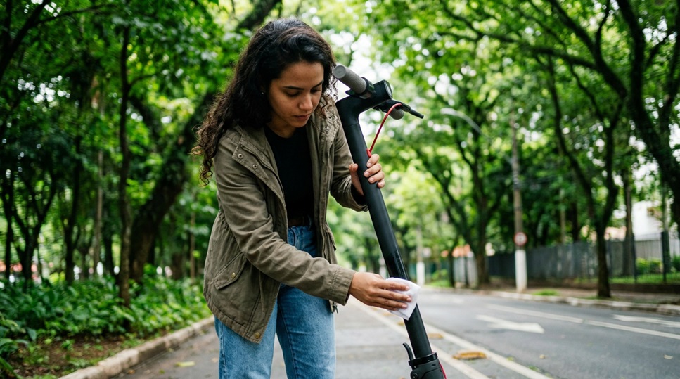 Mulher jovem limpa com pano um scooter elétrico preto em via urbana cercada por árvores verdes