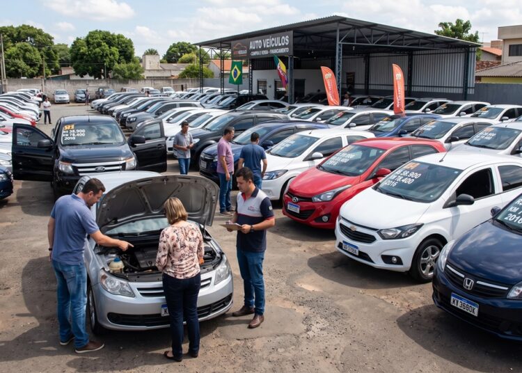 Grupo de pessoas avaliando carros em pátio de loja de usados com preços nos para-brisas