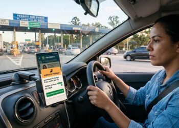 Mulher dirige carro se aproximando de pedágio, celular mostra alerta do aplicativo CNH Digital sobre tarifa sem parar
