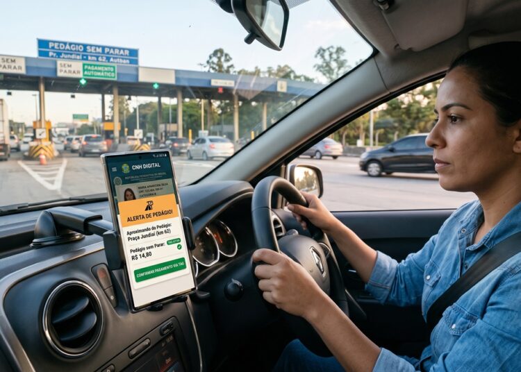 Mulher dirige carro se aproximando de pedágio, celular mostra alerta do aplicativo CNH Digital sobre tarifa sem parar
