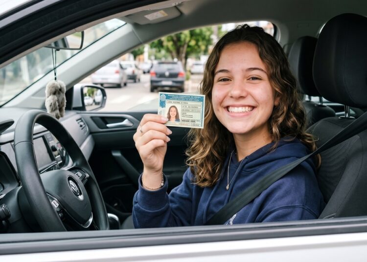 Adolescente sorrindo dentro do carro segura CNH brasileira em destaque, usando moletom azul