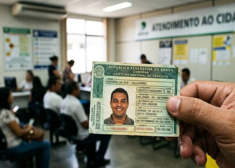 Mão segura CNH brasileira em sala de atendimento ao cidadão, pessoas sentadas aguardam