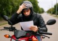 Homem jovem de capacete preto lê papel na moto vermelha com expressão preocupada em rua arborizada
