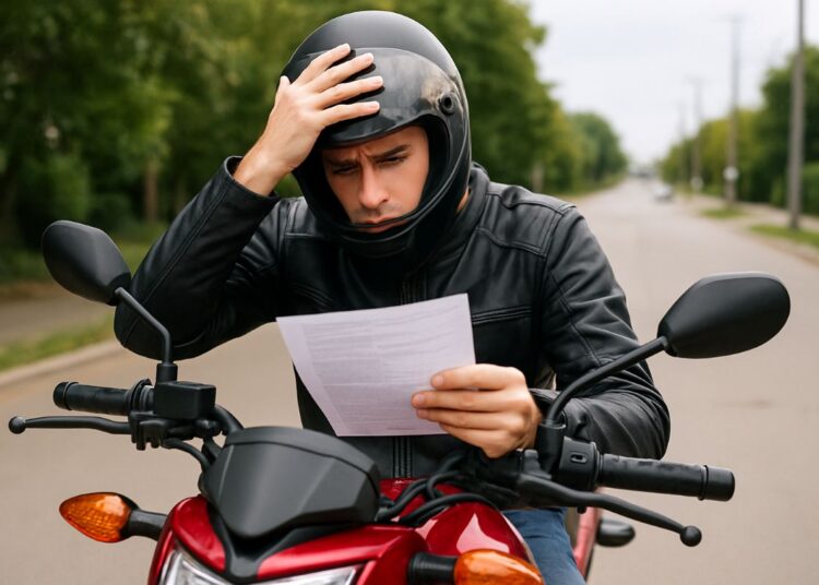 Homem jovem de capacete preto lê papel na moto vermelha com expressão preocupada em rua arborizada