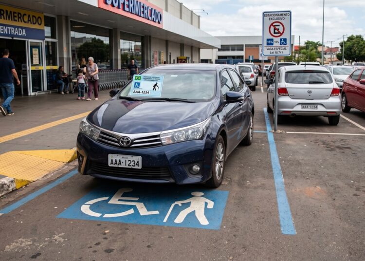 Veículo com credencial de idoso estacionado em vaga especial demarcada em supermercado