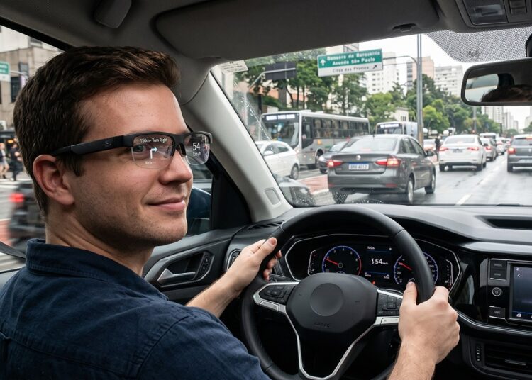 Homem dirige carro usando óculos inteligentes com navegação projetada no trânsito de São Paulo