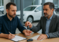 Dois homens em mesa discutem documentação enquanto um entrega chave de carro ao outro, carro branco ao fundo