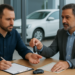 Dois homens em mesa discutem documentação enquanto um entrega chave de carro ao outro, carro branco ao fundo