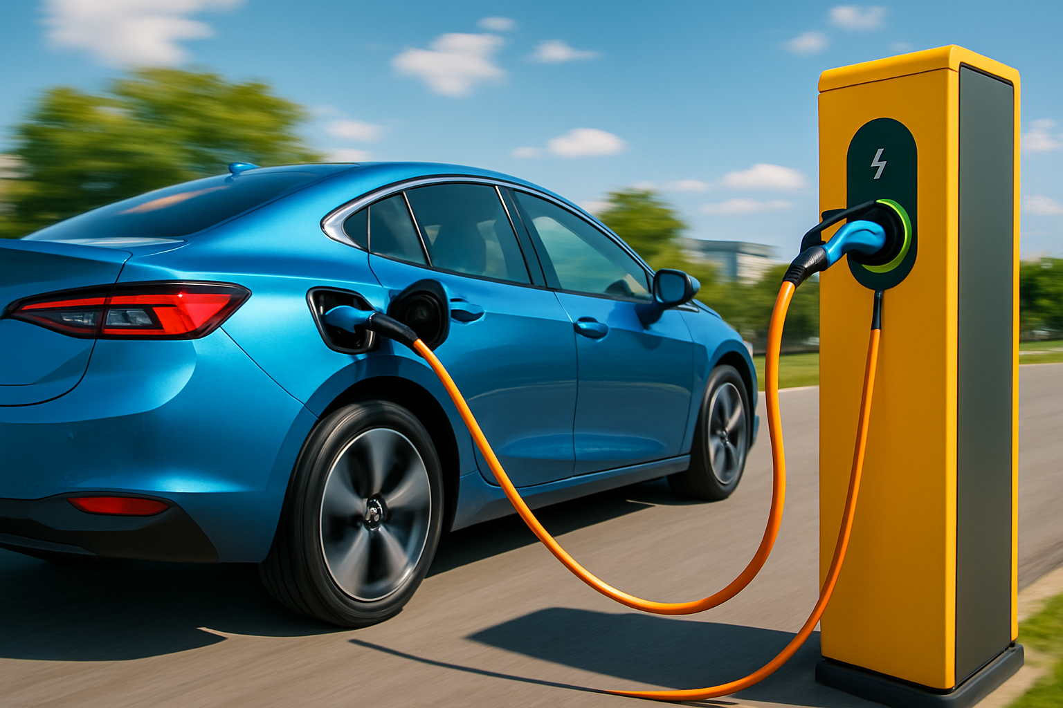 Veículo elétrico azul conectado com cabo laranja em posto de recarga amarelo ao ar livre
