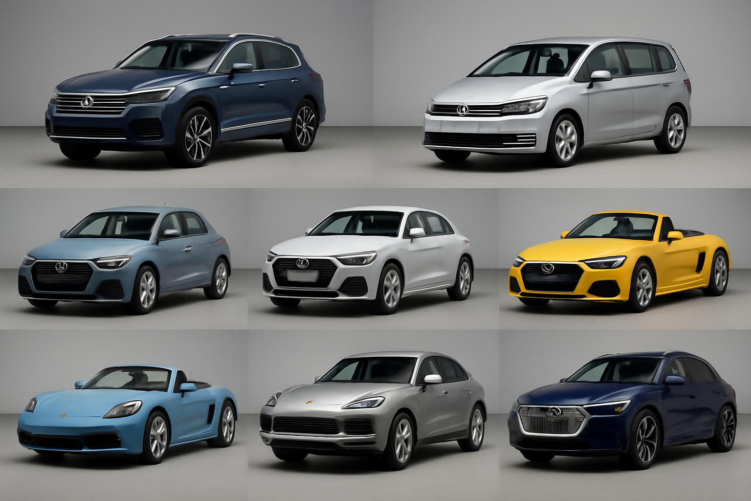 Nove carros de luxo e esportivos de diferentes cores, com logotipos modificados em um estúdio neutro