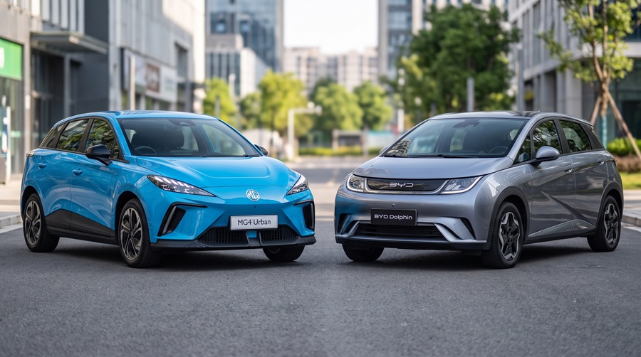 Carros MG4 Urban azul e BYD Dolphin cinza lado a lado em rua urbana, prédios ao fundo