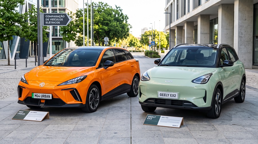 MG4 Urban laranja e Geely EX2 verde claro estacionados em praça urbana com placas de comparação de veículos elétricos