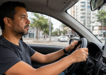 Homem adulto dirigindo carro, olhando à frente, com celular usando GPS no painel, cidade ao fundo