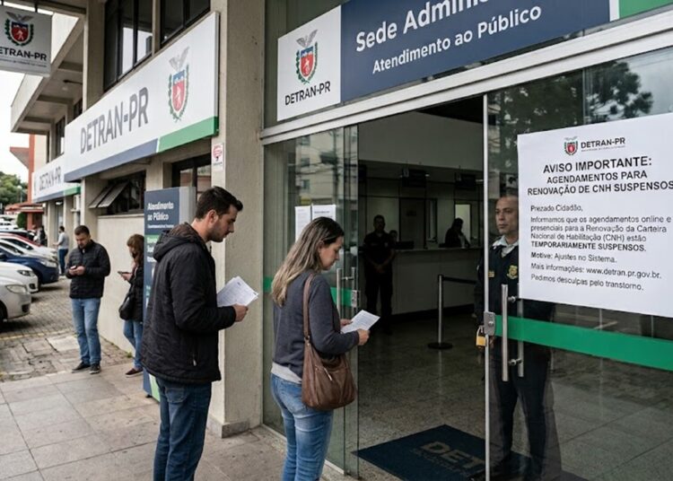 Cidadãos aguardam na porta do Detran-PR, que suspendeu temporariamente os agendamentos para exames de CNH.