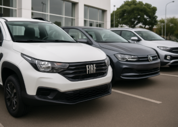 Três carros estacionados mostrando logos alterados, incluindo um Fiat com logo FIRE