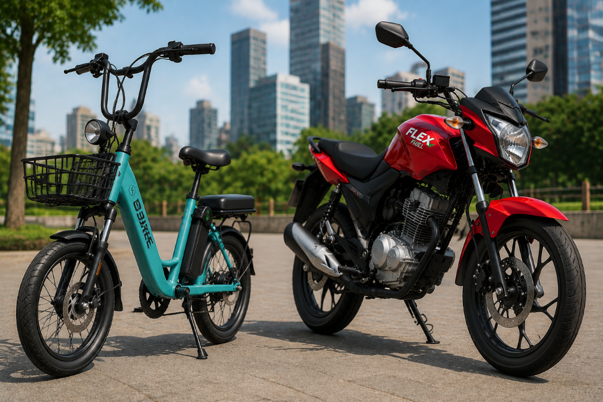 Bicicleta elétrica azul BEBIKE ao lado de moto vermelha Flex Fuel estacionadas em rua arborizada com prédios altos ao fundo