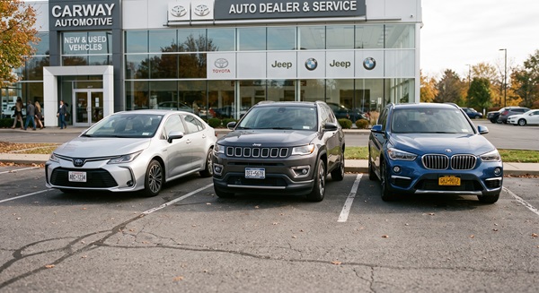 Toyota Corolla prata, Jeep Compass preto e BMW X1 azul estacionados lado a lado em concessionária