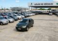 Diversos carros alinhados no pátio do Detran-RN com placa de identificação para leilão de veículos