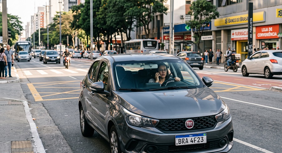 Mulher fala ao celular enquanto dirige Fiat Argo cinza na Avenida Paulista, com tráfego intenso ao redor