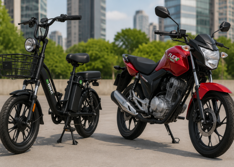 Bicicleta elétrica preta e moto vermelha flex lado a lado em ambiente urbano ensolarado