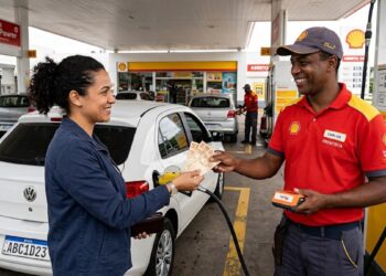 Motorista entrega notas de R$ 50 a frentista uniformizado Shell em bomba de combustível V-Power