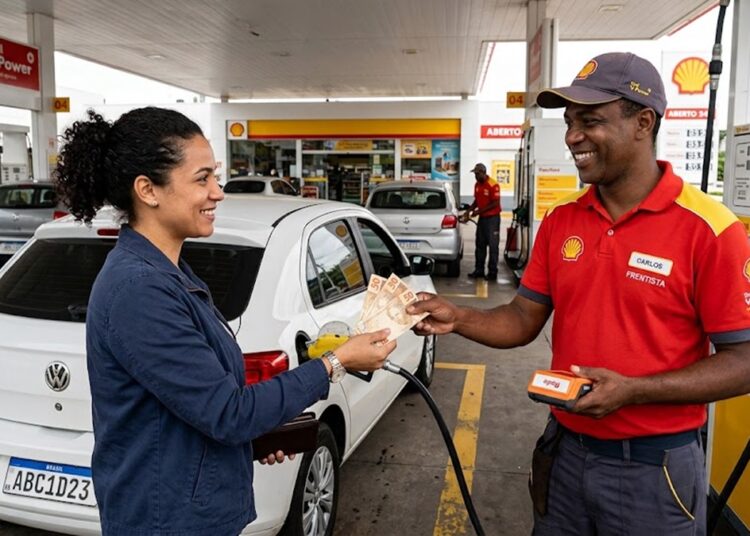Motorista entrega notas de R$ 50 a frentista uniformizado Shell em bomba de combustível V-Power