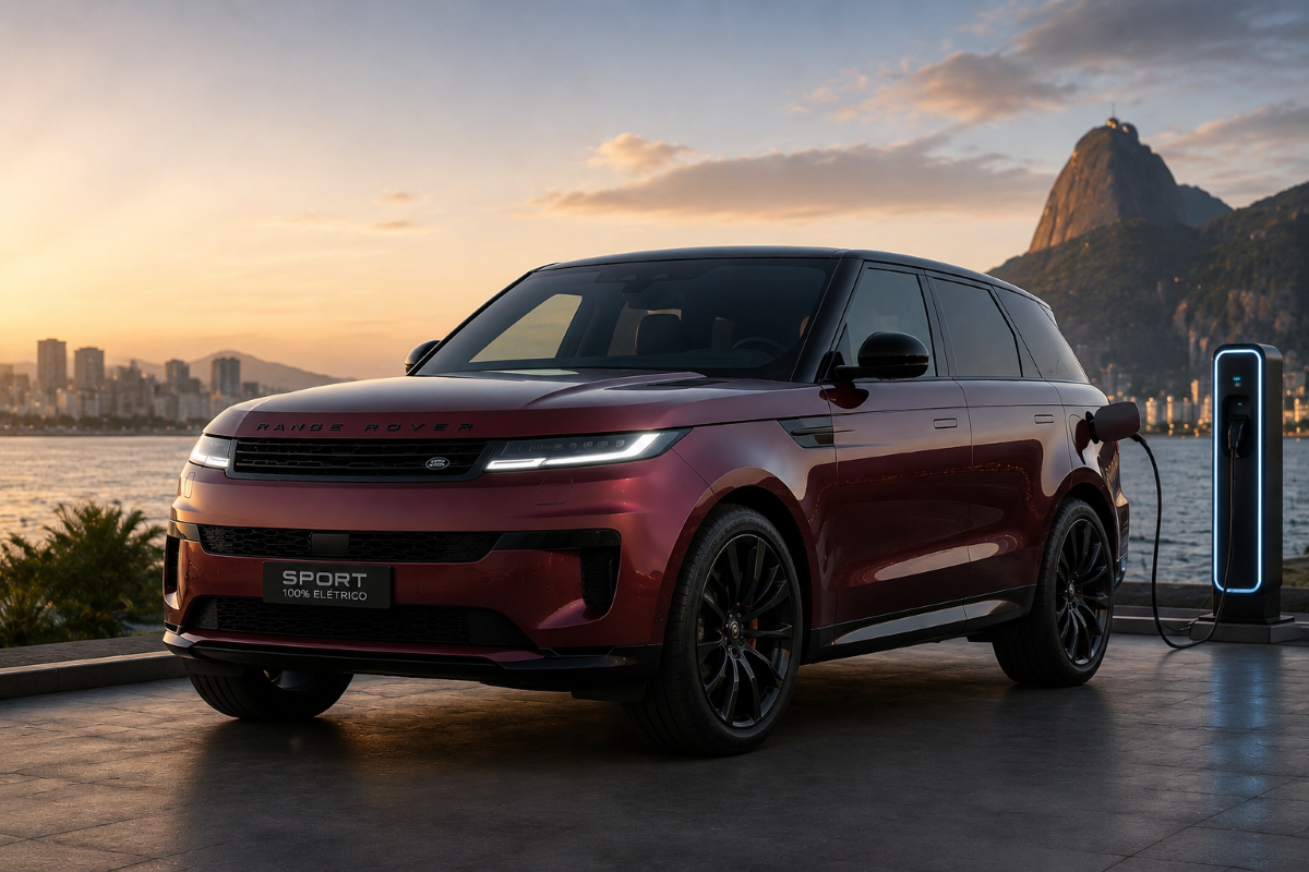 SUV Range Rover vermelho recarregando em estação elétrica com Pão de Açúcar ao fundo ao entardecer